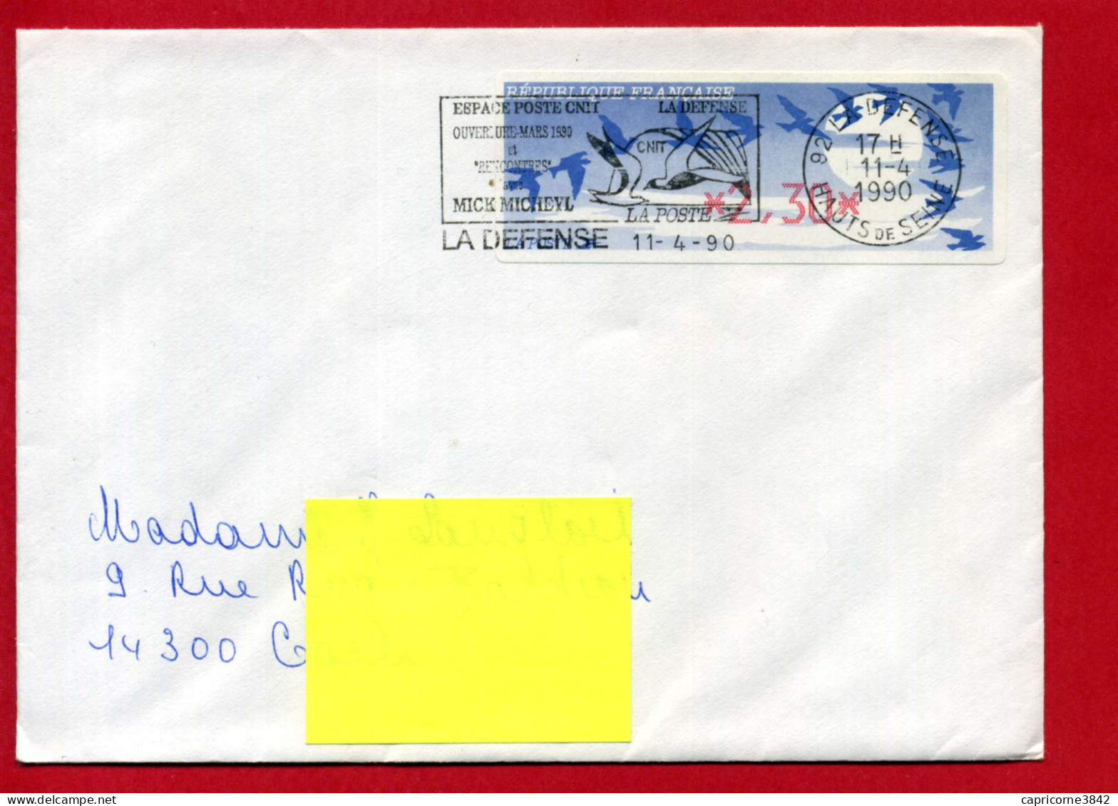 1990 - Lettre Avec Vignette DIVA - Oblitération SECAP "ESPACE POSTE CNIT" De La DEFENCE - 1990 Type « Oiseaux De Jubert »