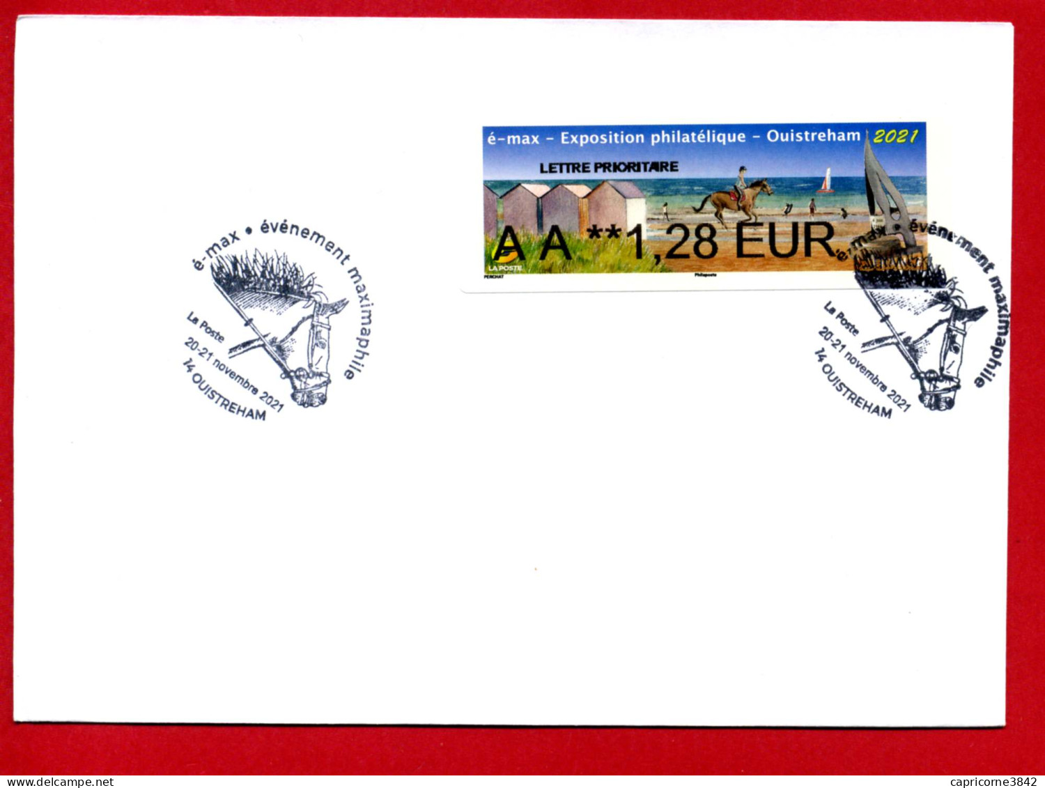 2021 -Vignette LISA émise Pour L'exposition Philatélique Et E-Max à Ouistreham - Cachet Concordant - Lettre Prioritaire - 2010-... Illustrated Franking Labels