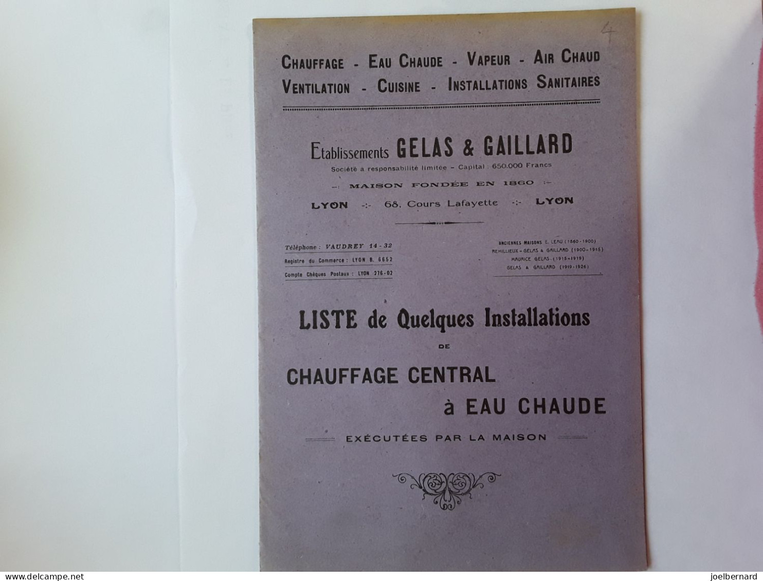 ETS GELAS & GAILLARD LYON CHAUFFAGE CENTRAL À EAU CHAUDE    BROCHURE - Advertising