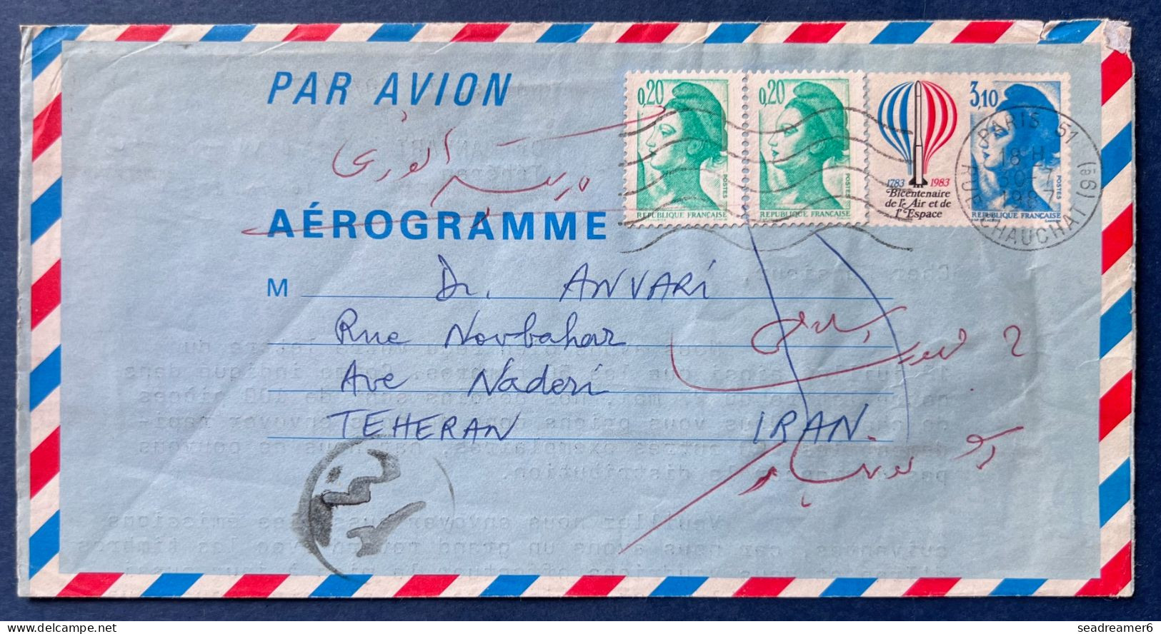 Lettre Aérogramme Liberté 3.10 + Complement De PARIS Pour TEHERAN / IRAN TTB - 1960-.... Covers & Documents