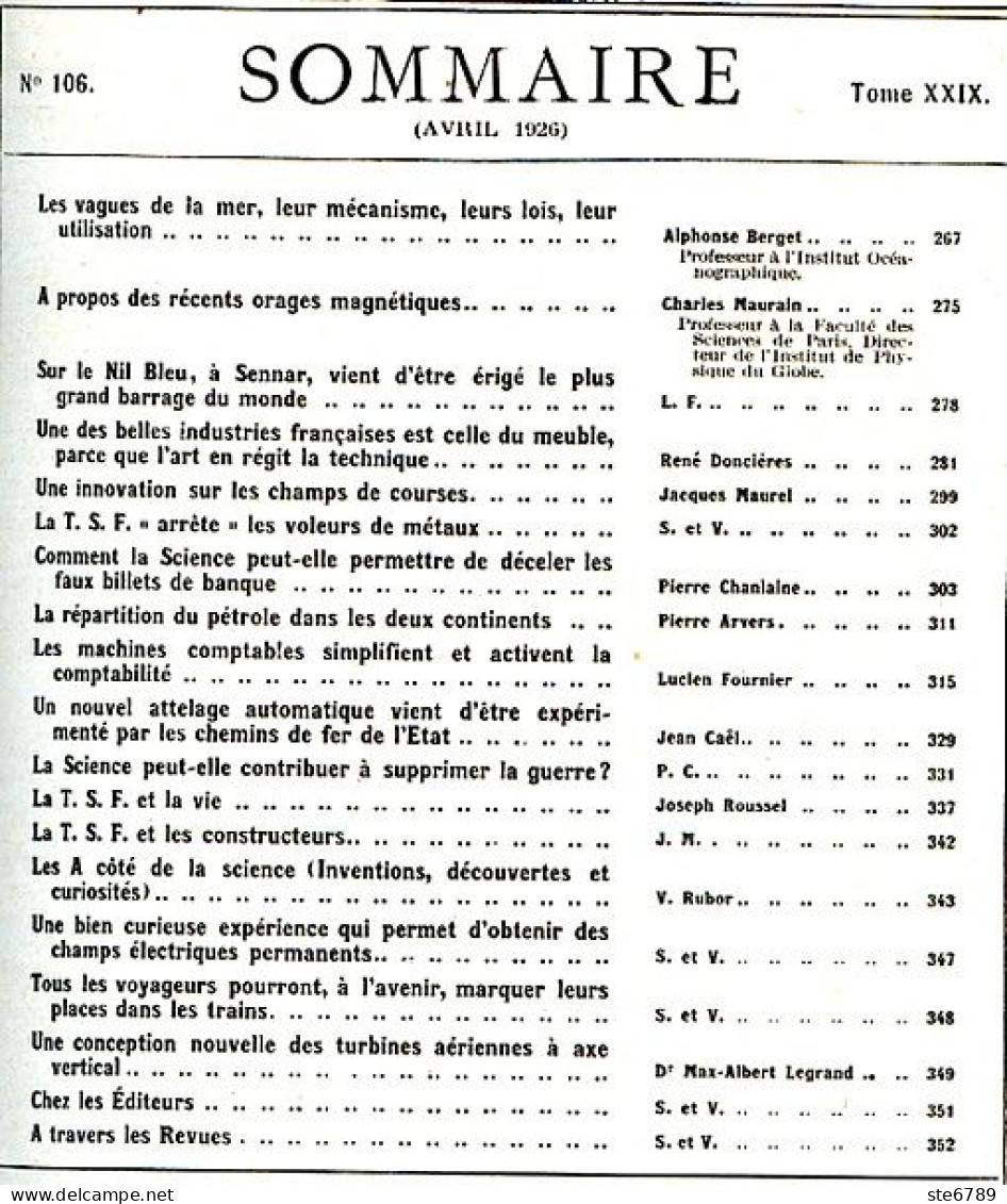 LA SCIENCE ET LA VIE 1926 N° 106 Avril - 1900 - 1949