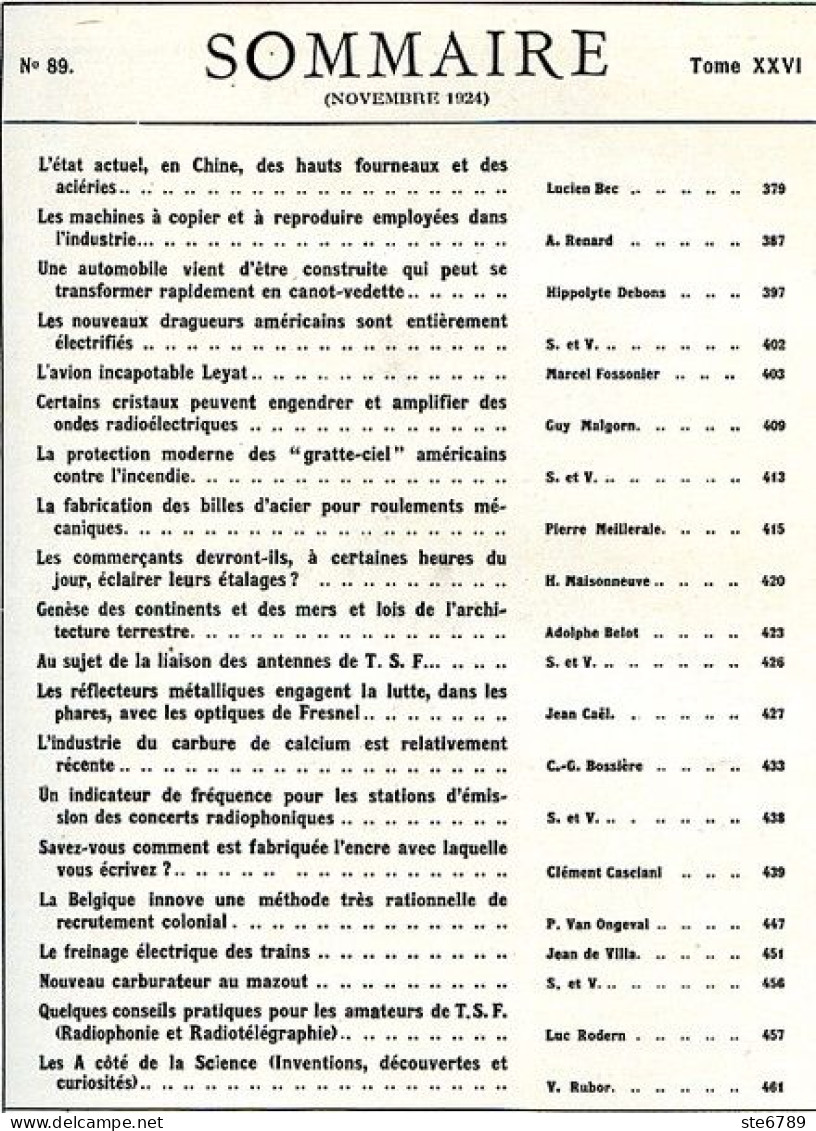 LA SCIENCE ET LA VIE 1924 N° 89 Novembre - 1900 - 1949