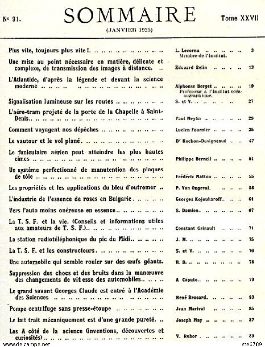 LA SCIENCE ET LA VIE 1925 N° 91 Janvier - 1900 - 1949