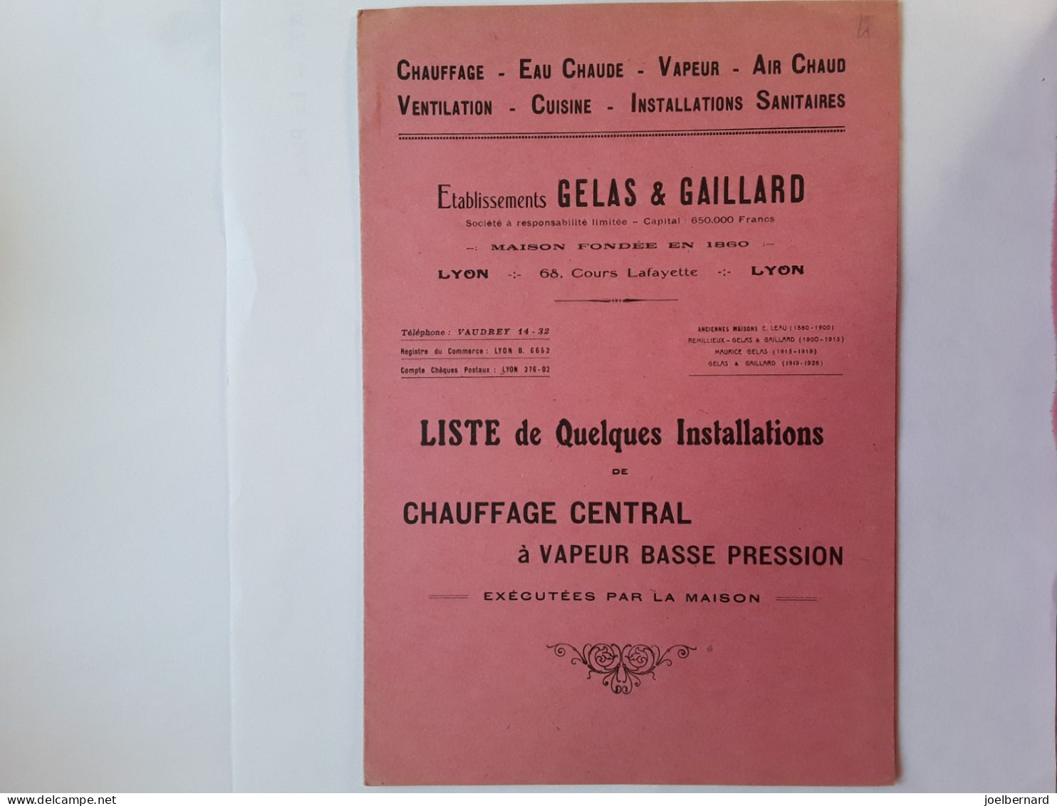 ETS GELAS & GAILLARD LYON CHAUFFAGE CENTRAL À VAPEUR    BROCHURE - Reclame