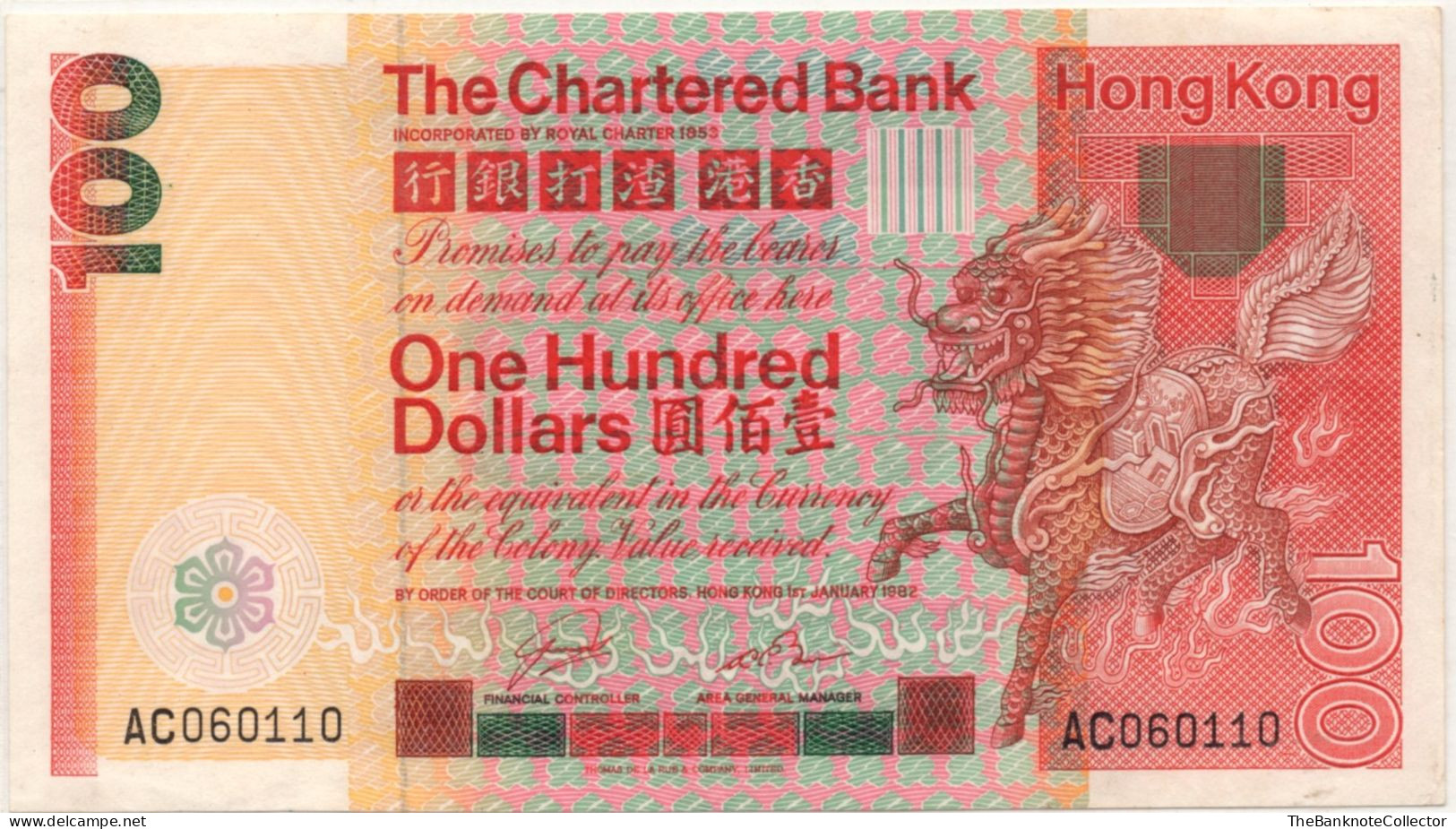 Hong Kong The Chartered Bank 100 Dollars 1982 P-79 Mythical Dragon VF - Hongkong