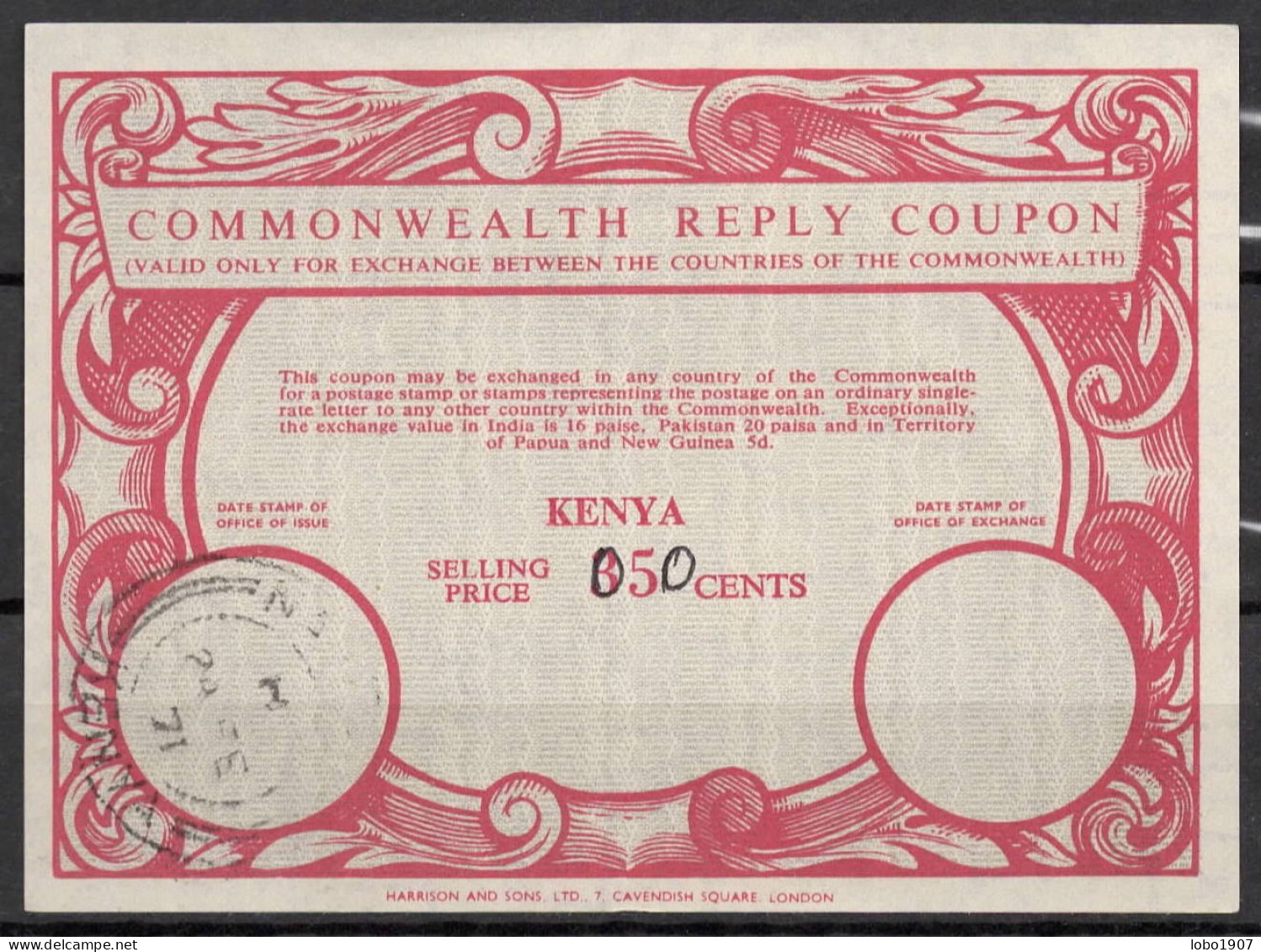 KENYA  Co15  0,50 / 35 CENTS Commonwealth Reply Coupon Reponse  IRC IAS  NAIROBI 24.02.71 - Barbados (...-1966)