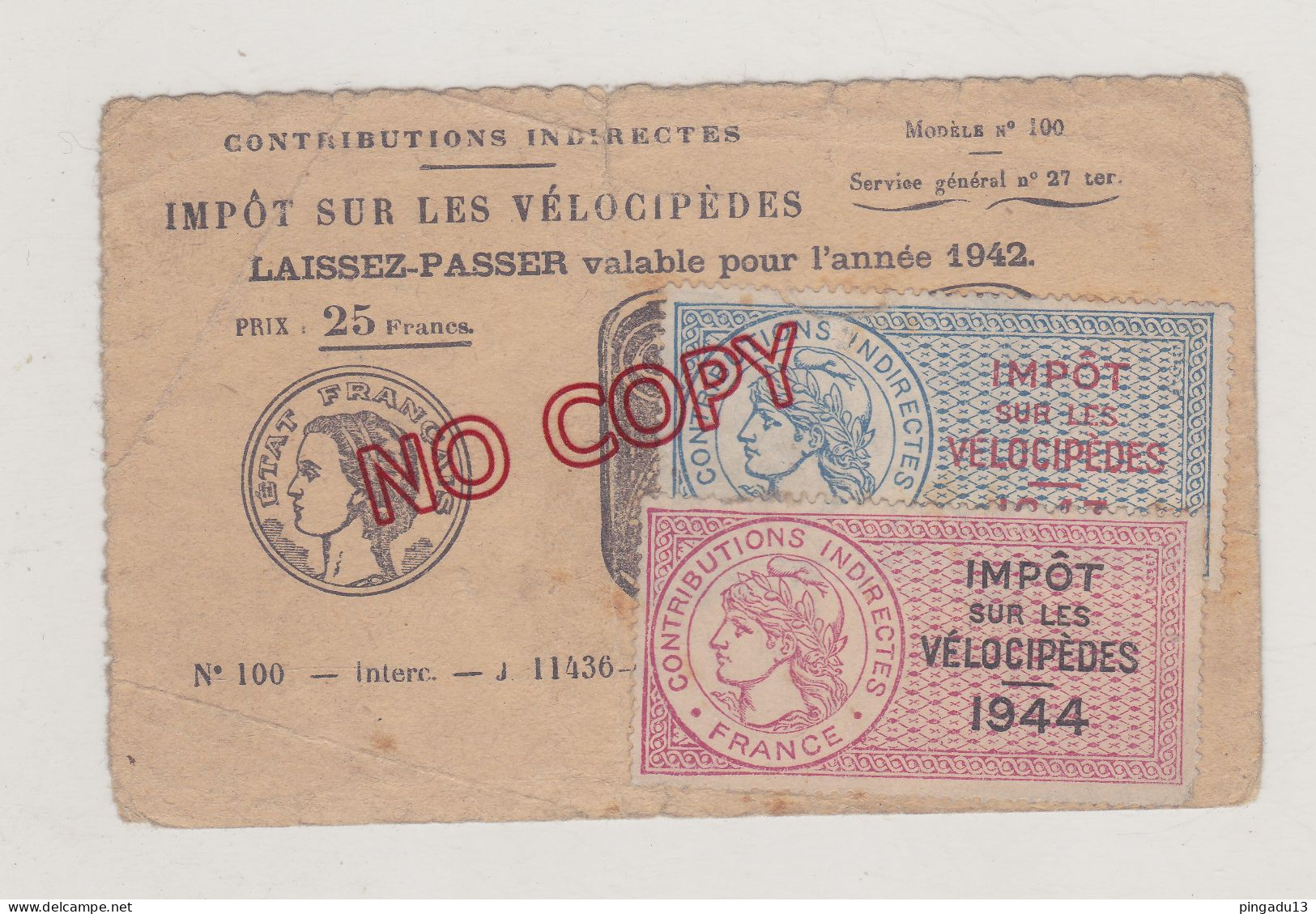 Fixe Laissez-passer Années 1942 Impôt Vélocipèdes 1943 1944 Et 1946 - Covers & Documents
