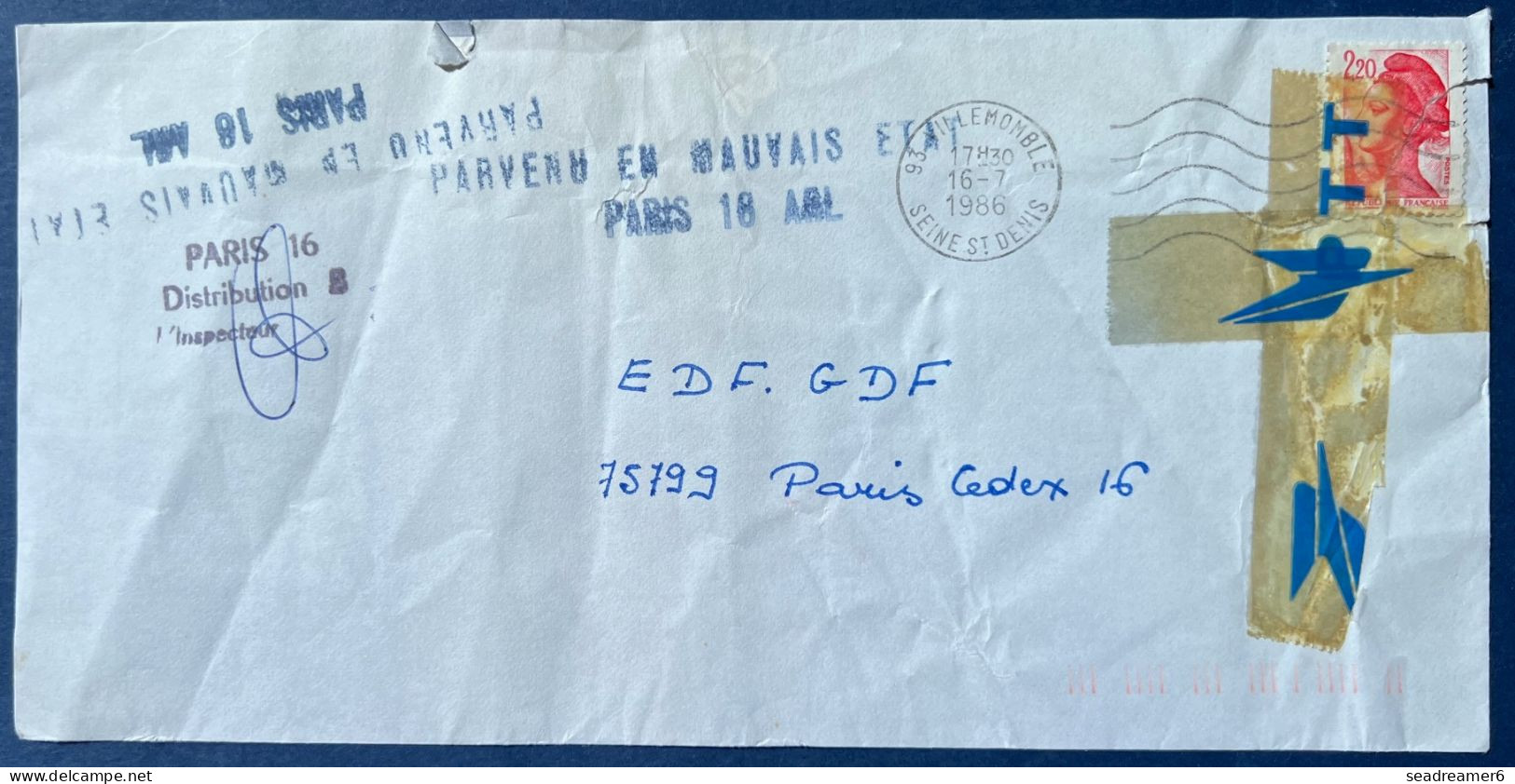 Lettre Froissée Et Déchirée Liberté N°2376 2FR20 Rouge Griffe " PARVENU EN MAUVAIS ETAT PARIS 18 ARL " + Paraphe...TTB - 1982-1990 Vrijheid Van Gandon