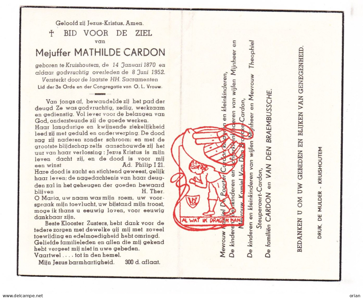 DP Juff. Mathilde Cardon ° Kruishoutem 1870 † 1952 De Poorter Vandenbroecke Steuperaert Vandenbraembussche - Devotion Images