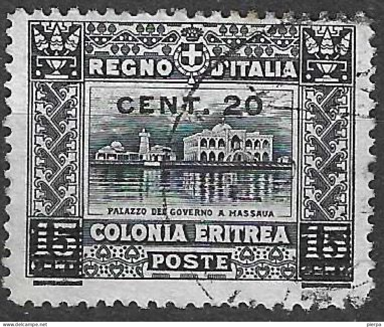 ERITREA - 1916 - PALAZZO GOVERNO SOVRASTAMPATO - C.20\15 - USATO  (YVERT 46 - MICHEL 48 - SS 46) - Erythrée