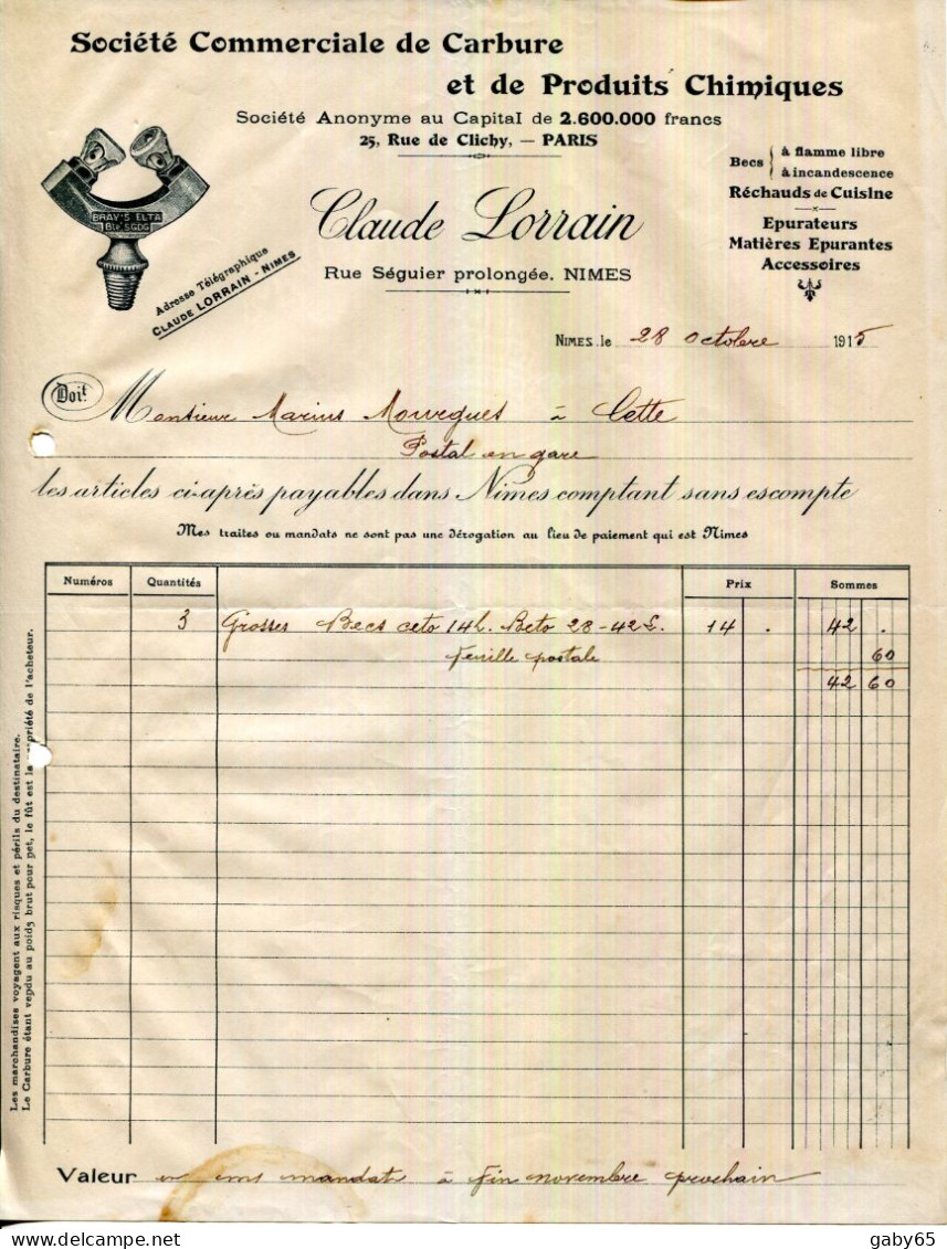 FACTURE.30.GARD.NIMES.SOCIÉTÉCOMMERCIALE DE CARBURE & PRODUITSCHIMIQUES.BECS DE LAMPES CARBURE.CLAUDE LORRAIN . - Elektriciteit En Gas