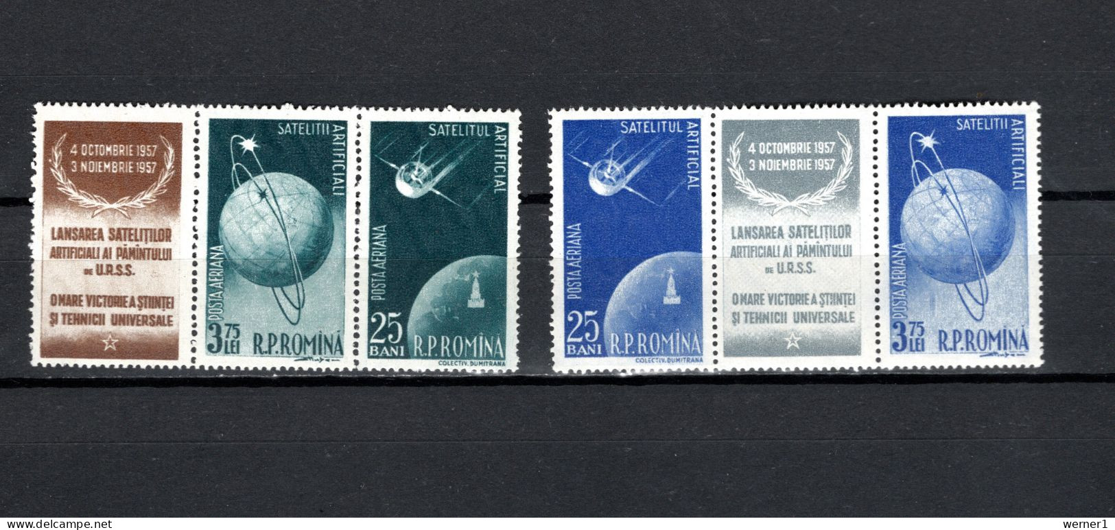 Romania 1957 Space, Satellites Set Of 4 (two Strips Of 3) MNH - Europa