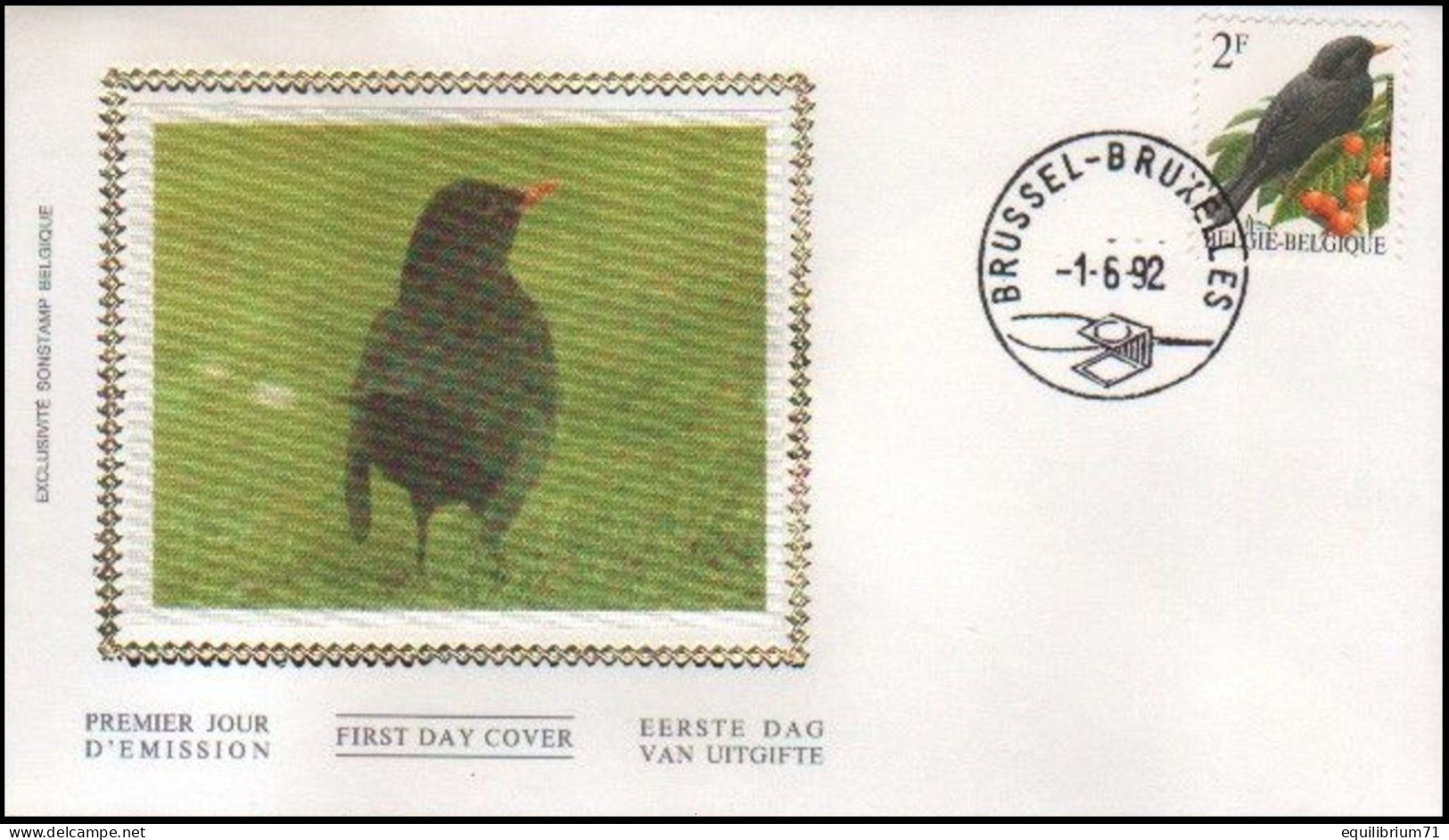 FDC Soie° - Merle Noir / Merel / Amsel / Blackbird / Turdus Merula - BSL-BXL - 01-06-1992 - BUZIN - 1985-.. Uccelli (Buzin)