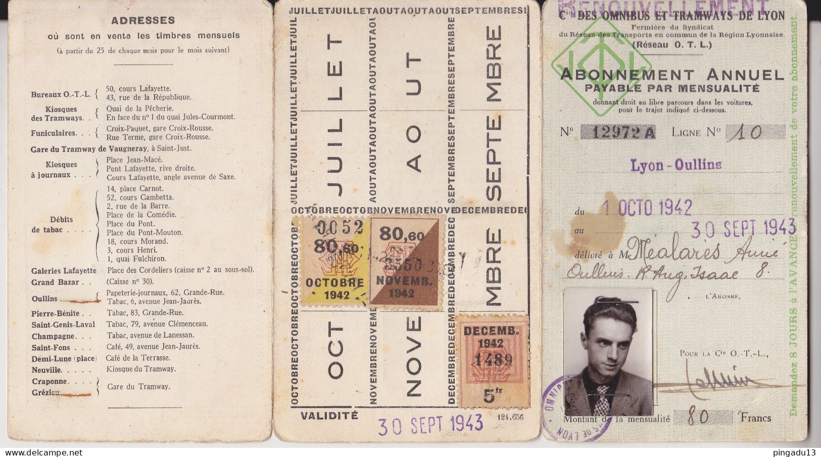 France WW2 Carte Abonnement Annuel 1942-1943 Cie Des Omnibus Et Tramways Lyon Ligne N° 10 Lyon-Oullins - Europe