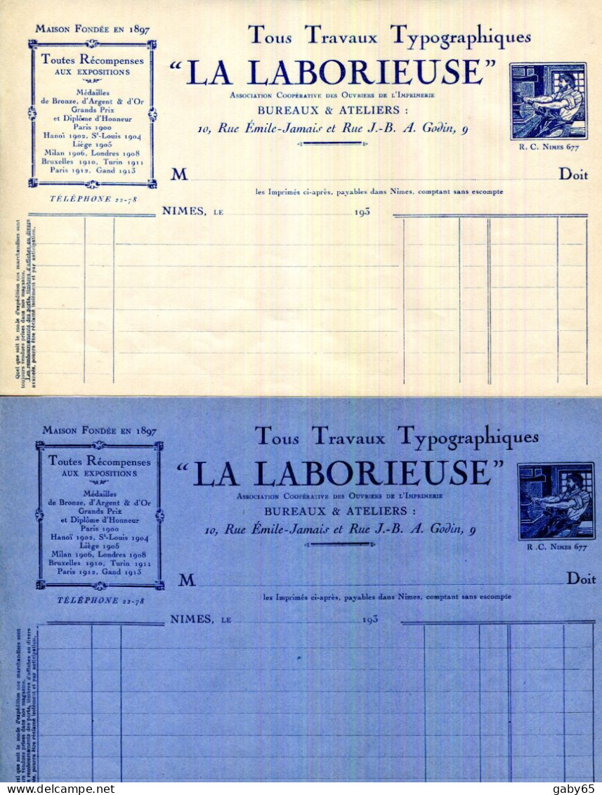 FACTURE.30.GARD.NIMES.TOUS TRAVAUX TYPOGRAPHIQUE " LA LABORIEUSE " 10 RUE ÉMILE JAMAIS.2 PIÈCES. - Printing & Stationeries