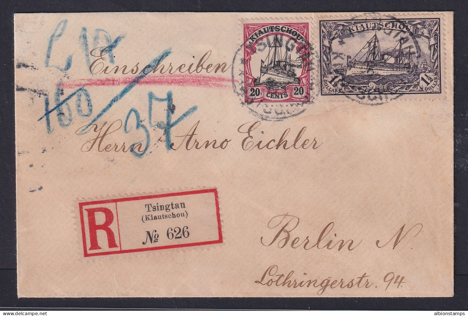 Kiauchau Scott 31 (Michel 26A) With 20c On 1906 Reg Cover To Germany, W/ Cert - Kiautchou