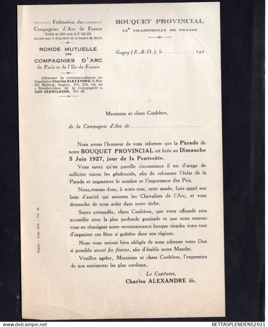 GAGNY - Courrier à Entête Rond Mutuelle Des Compagnies D'Arc - Bouquet Provincial - 24è Championnat De France - 1900 – 1949