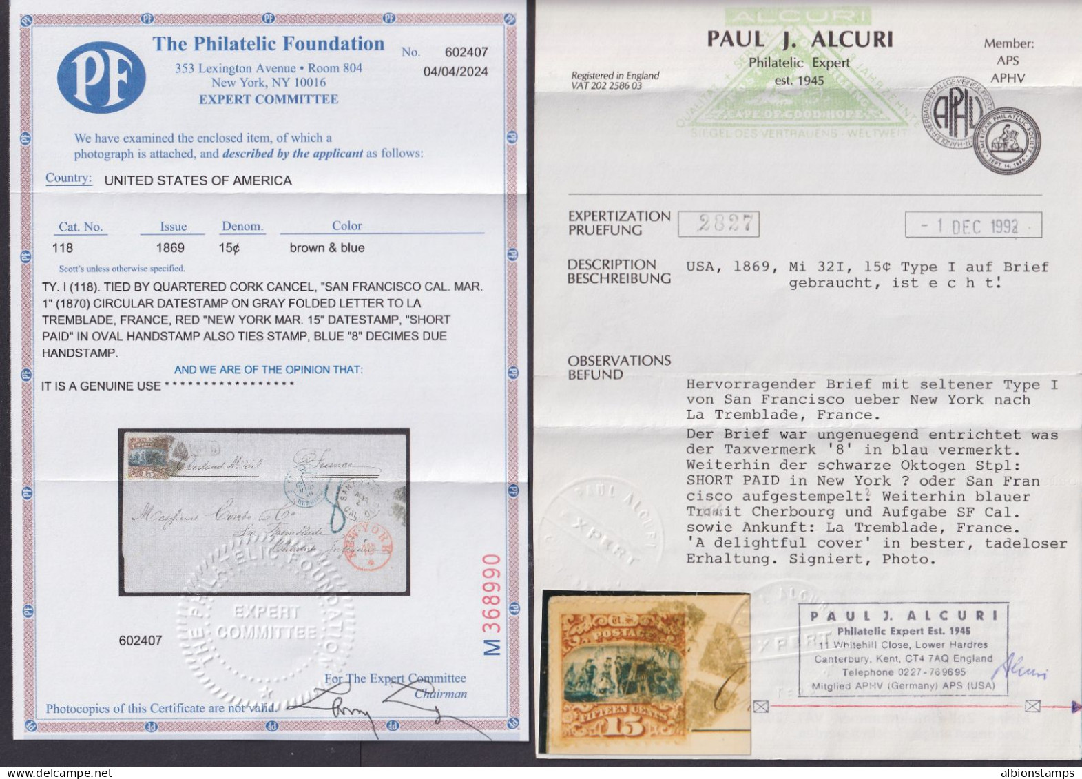 US Scott 118 Tied By Cork Cancel On Folded Cover To France, W/ PF Cert - Storia Postale