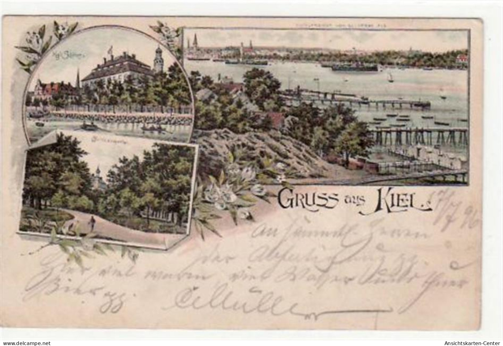 39069704 - Kiel, Lithographie Mit Kgl. Schloss U. Schlossgarten Gelaufen, 1896 Kleiner Riss Am Rand Oben Rechts, Kleine - Kiel