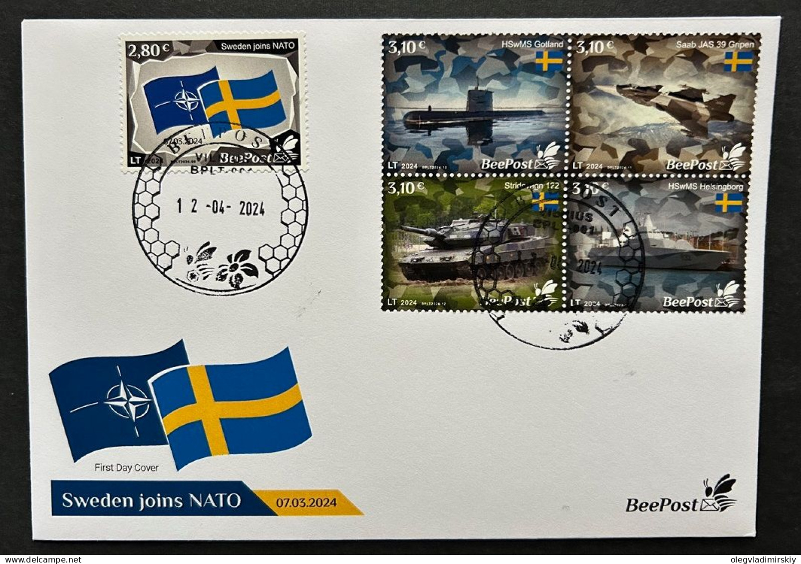 Lithuania 2024 Baltic - NATO Sea Sweden Joins NATO Tank Submarine Warship Airplane Flags BeePost Set Of 5 Stamps FDC - Lituanie