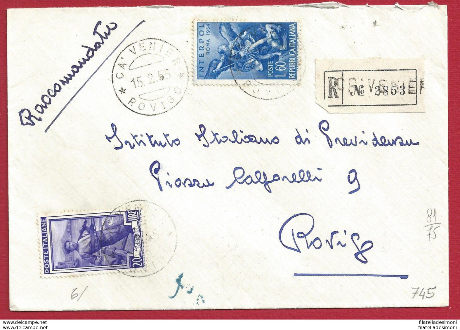 1955 Interpol N° 745 + Lavoro 20 Lire Su Lettera Raccomandata Per Rovigo - Europe