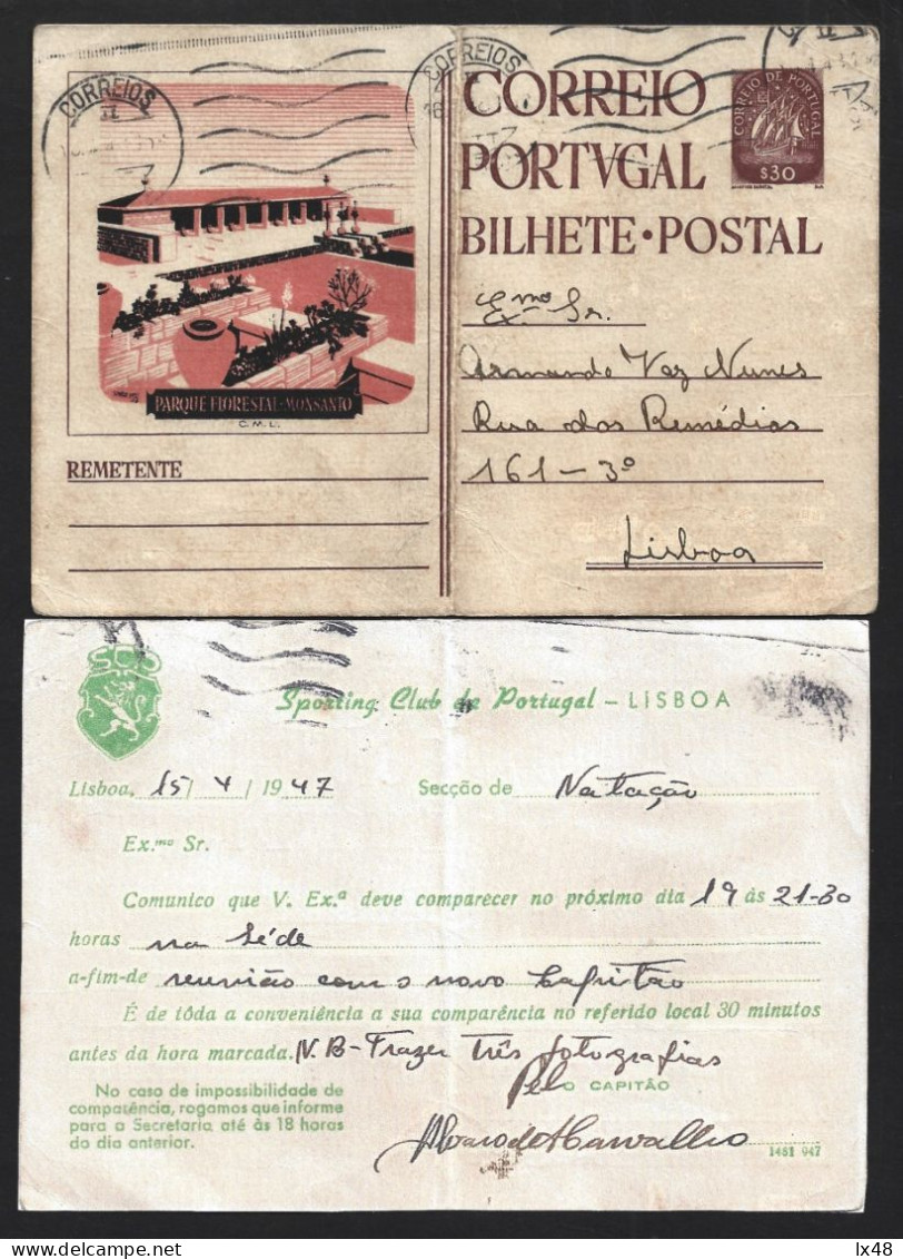 Entire Postcard $30 Parque Florestal Monsanto Topped By Sporting Clube Portugal. Soccer. Inteiro Postal Parque Monsanto - Postal Stationery