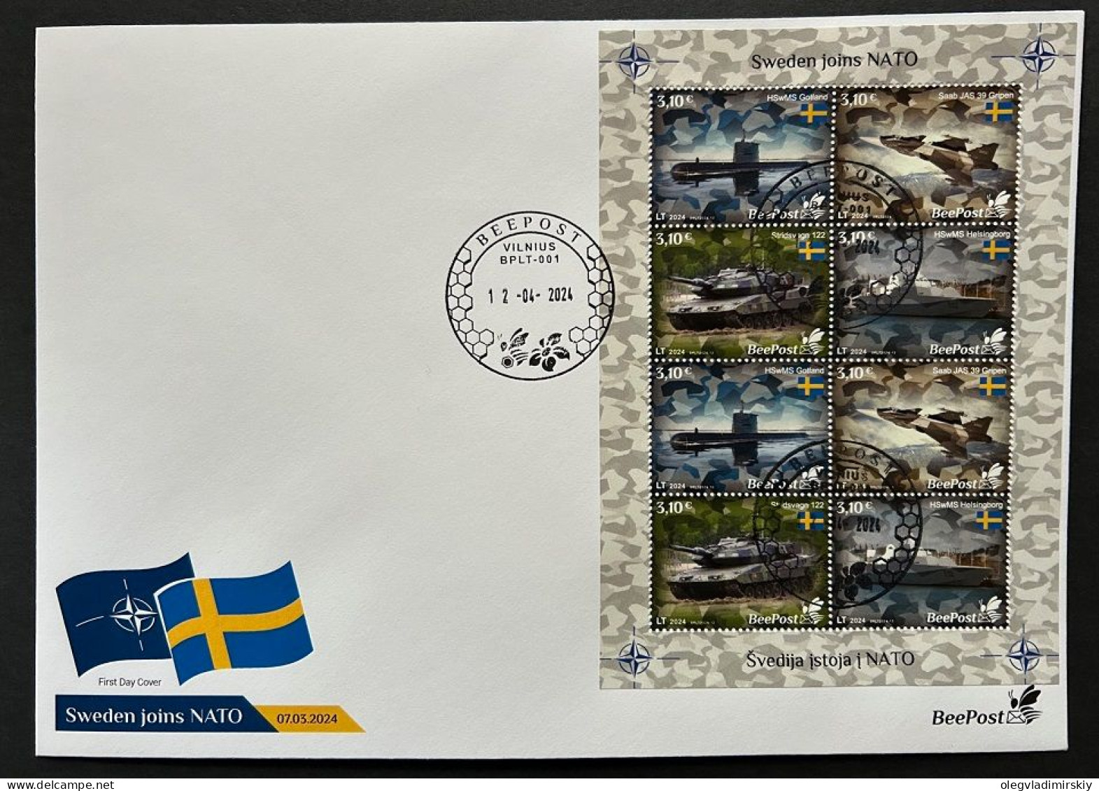 Lithuania Litauen Lituanie 2024 Baltic NATO Sea Sweden Joins NATO Tank Submarine Warship Airplane BeePost Sheetlet FDC - NAVO