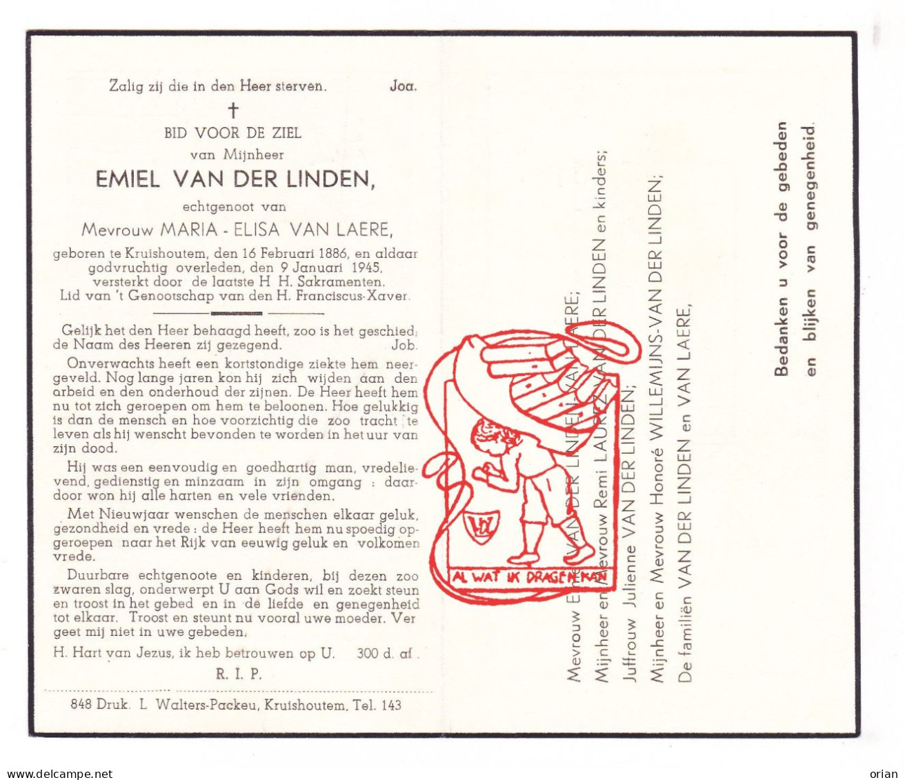 DP Emiel Vandelinden ° Kruishoutem 1886 † 1945 X Maria Elisa Van Laere // Laurez Willemijns - Devotion Images