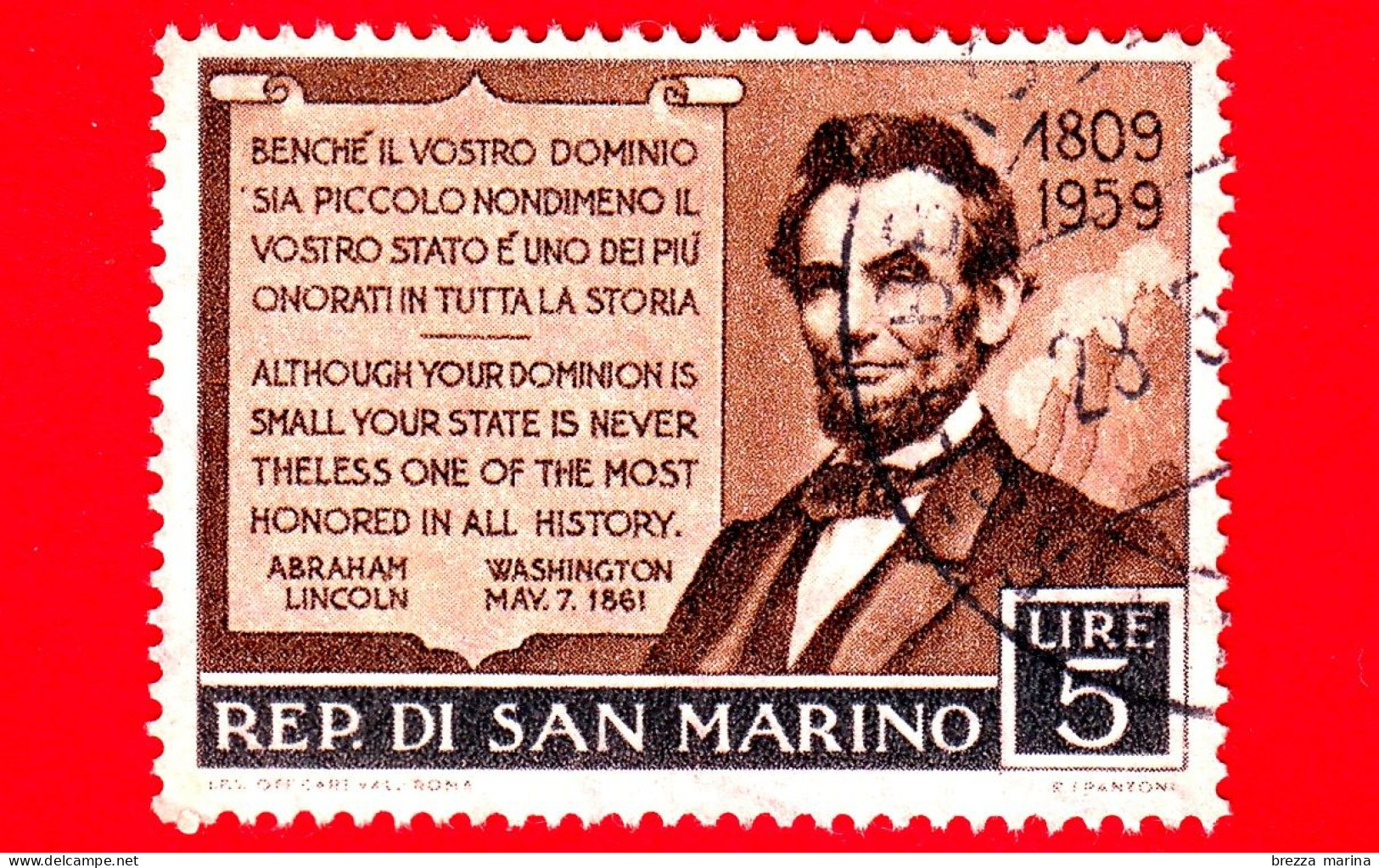 SAN MARINO - Usato - 1959 - 50 Anni Della Nascita Di Abramo Lincoln - Ritratto E Messaggio Ai Capitani Reggenti - 5 L. - Gebruikt