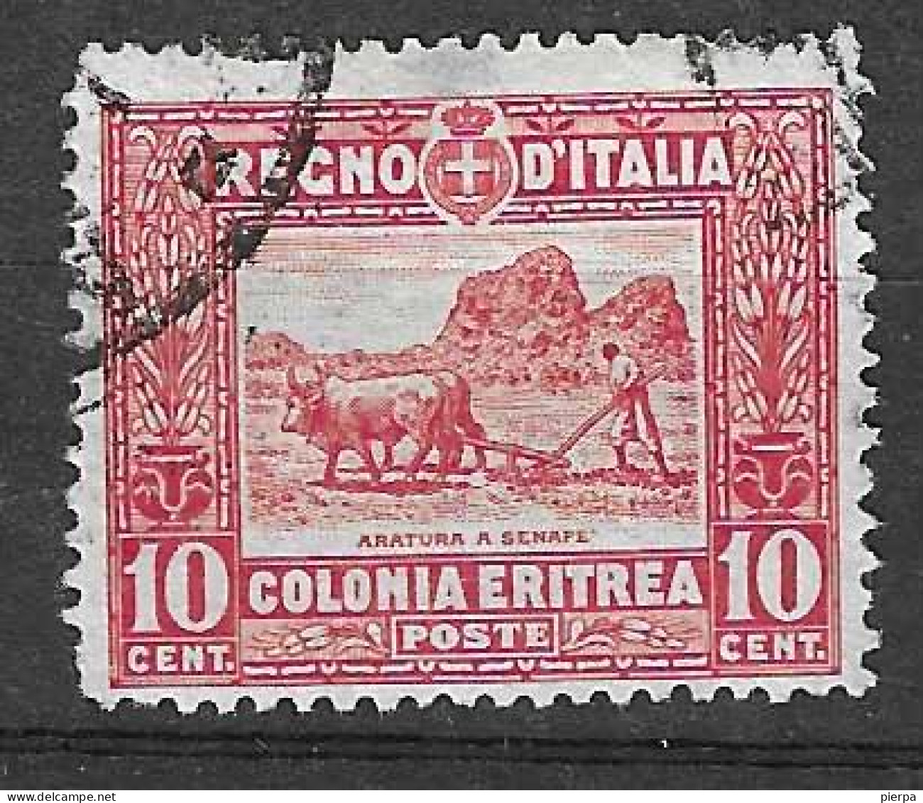 ERITREA - 1910 - ARATURA CENT. 10 - DENT. 13,1\2 - USATO  (YVERT 38A - MICHEL 40A - SS 35) - Eritrea