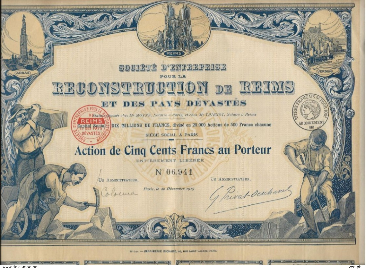 RECONSTRUCTION DE REIMS ET DES PAYS  DEVASTES- PART BENEFICIAIRE ILLUSTREE - ANNEE 1919 - Other & Unclassified
