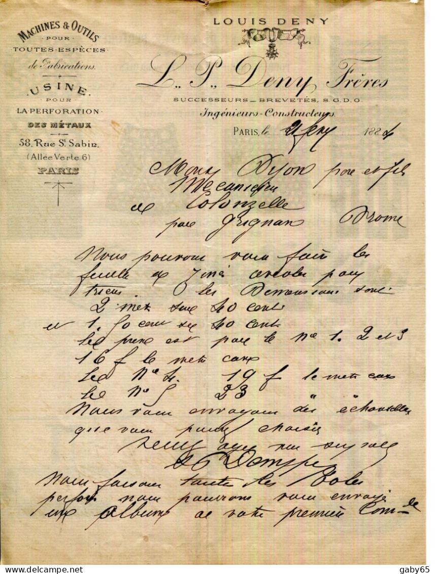 FACTURE.PARIS.MACHINES & OUTILS.USINE POUR LA PERFORATION DES MÉTAUX.L.P.DENY FRERES INGENIEURS CONTRUCTEURS. - Sonstige & Ohne Zuordnung
