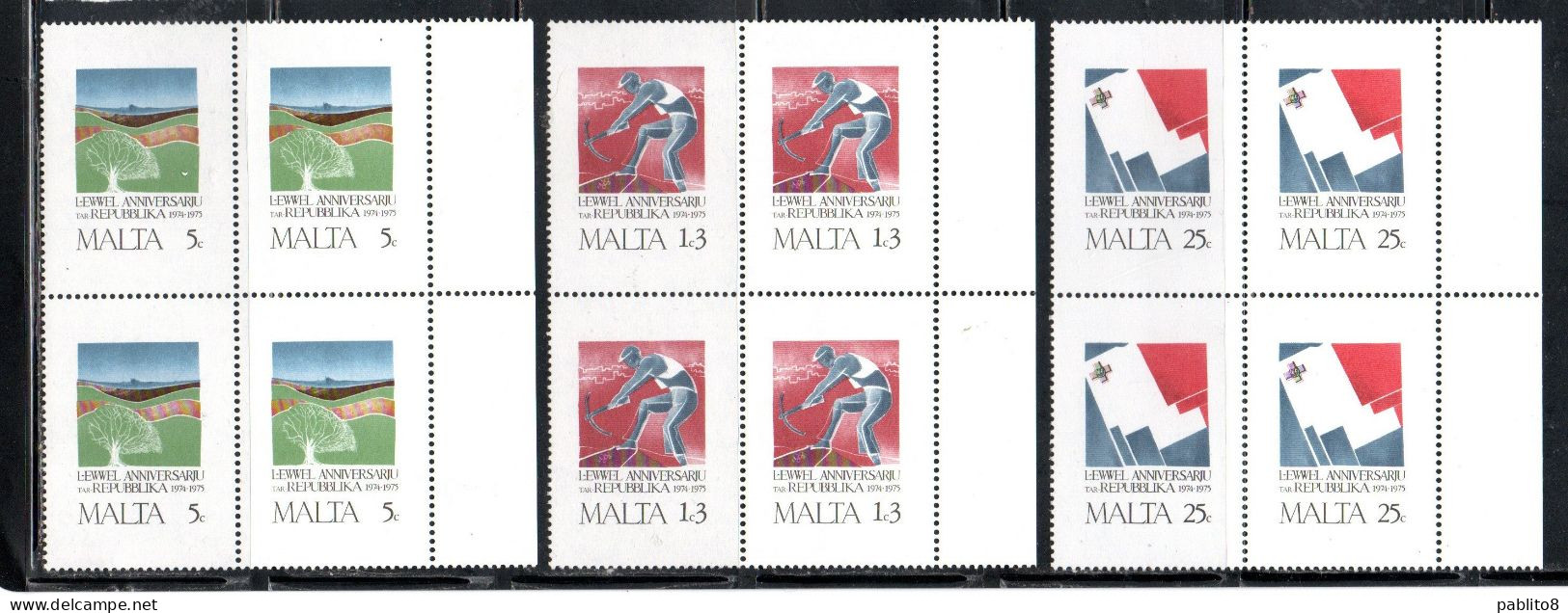 MALTA 1975 FIRST ANNIVERSARY OF REPUBLIC ANNIVERSARIO DELLA REPUBBLICA COMPLETE SET SERIE COMPLETA BLOCK QUARTINA MNH - Malta