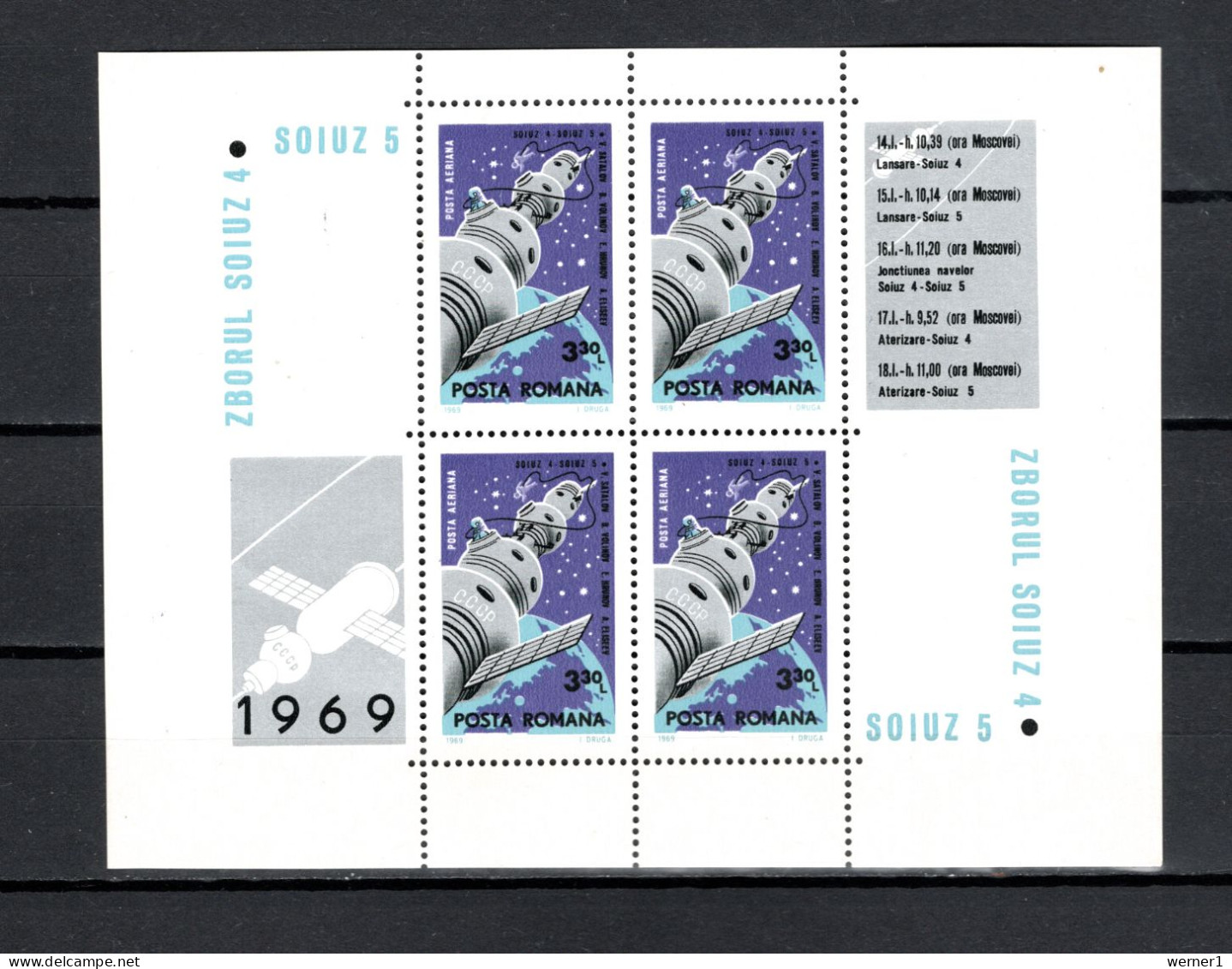 Romania 1969 Space, Soyuz 4 And 5, S/s MNH - Europa