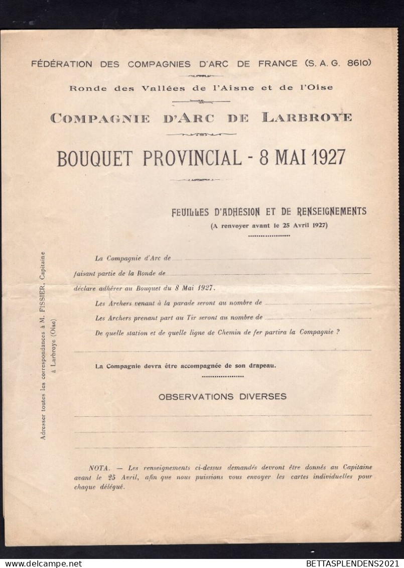 LARBROYE - 1927 - Courrier/Menu/ Feuille D'adhésion - à Entête - Compagnie D'ARC De LARBROYE - Bouquet Provincial 08 Mai - 1900 – 1949