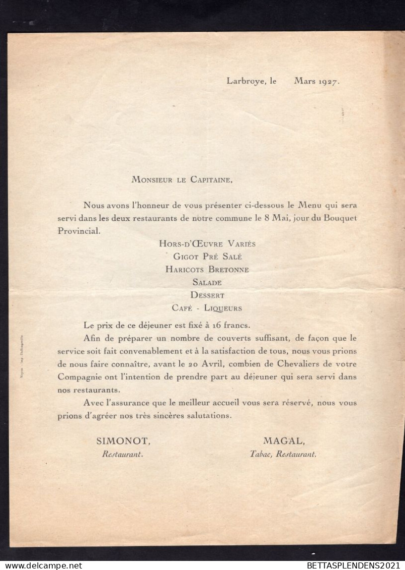 LARBROYE - 1927 - Courrier/Menu/ Feuille D'adhésion - à Entête - Compagnie D'ARC De LARBROYE - Bouquet Provincial 08 Mai - 1900 – 1949