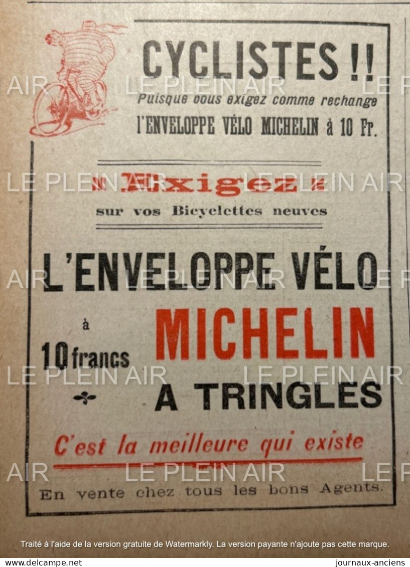 1911 BIBENDUM MICHELIN - CYCLISTES - L’ENVELOPPE VÉLO MICHELIN - PUB - LE PLEIN AIR - 1900 - 1949