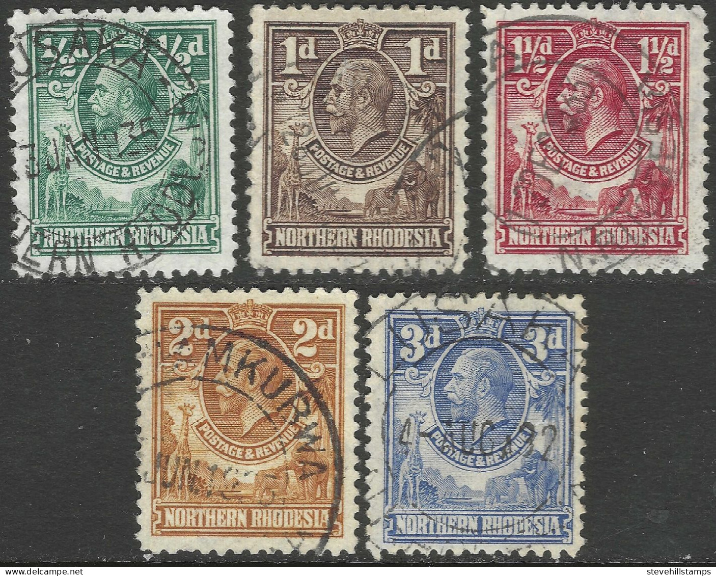 Northern Rhodesia. 1925-29 KGV. 5 Used Values To 3d. SG 1 Etc. M4110 - Rhodesia Del Nord (...-1963)