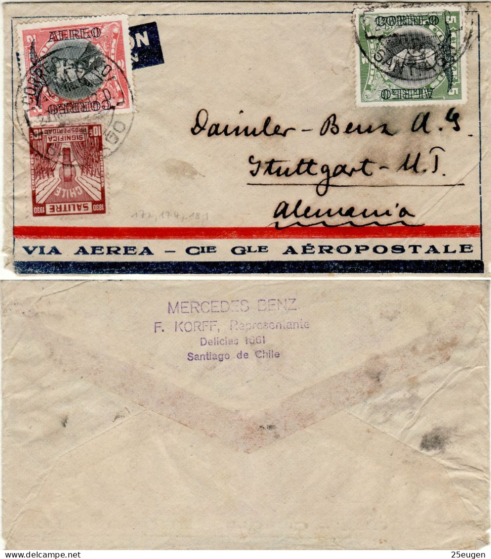 CHILE 1930 AIRMAIL LETTER SENT FROM SANTIAGO TO STUTTGART DAIMLER BENZ - Cile