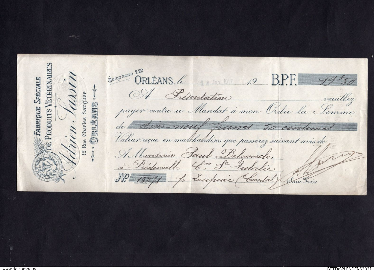 ORLEANS - Lettre De Change 1912 - Fabrique Spéciale De Produits Vétérinaires - Bills Of Exchange