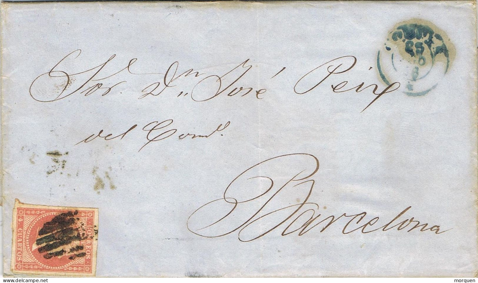 54843. Envuelta LA CORUÑA  1858. Fechador Tipo I Azul , 4 C. Lineas Cruzadas - Briefe U. Dokumente
