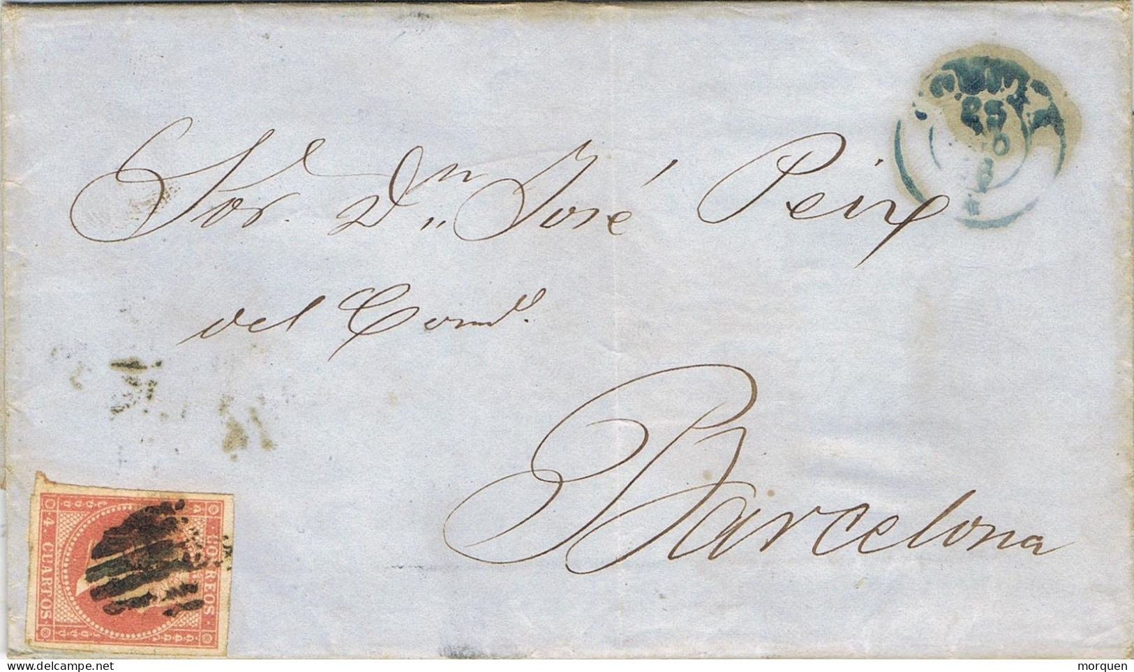 54843. Envuelta LA CORUÑA  1858. Fechador Tipo I Azul , 4 C. Lineas Cruzadas - Lettres & Documents