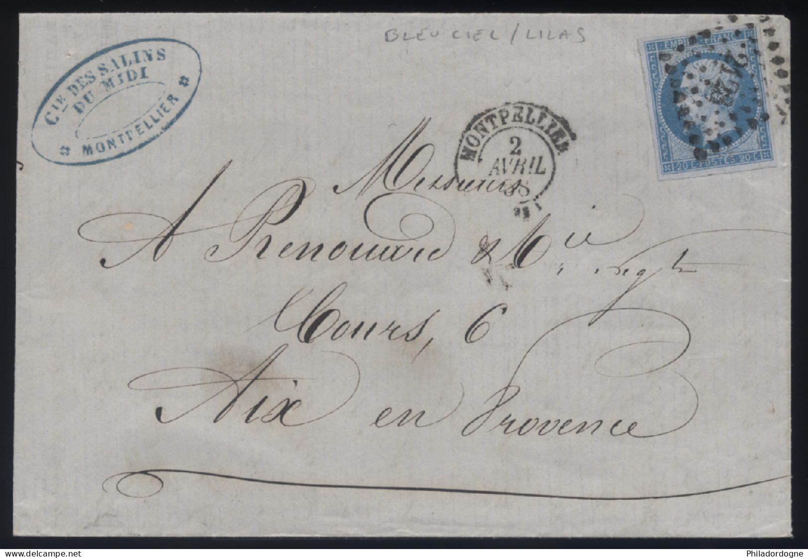 France - Yvert N° 14Ae Bleu Sur Lilas Sur LsC Obl PC 2128 Montpellier Pour Aix En Provence - 02/04/1858 - 1853-1860 Napoléon III.