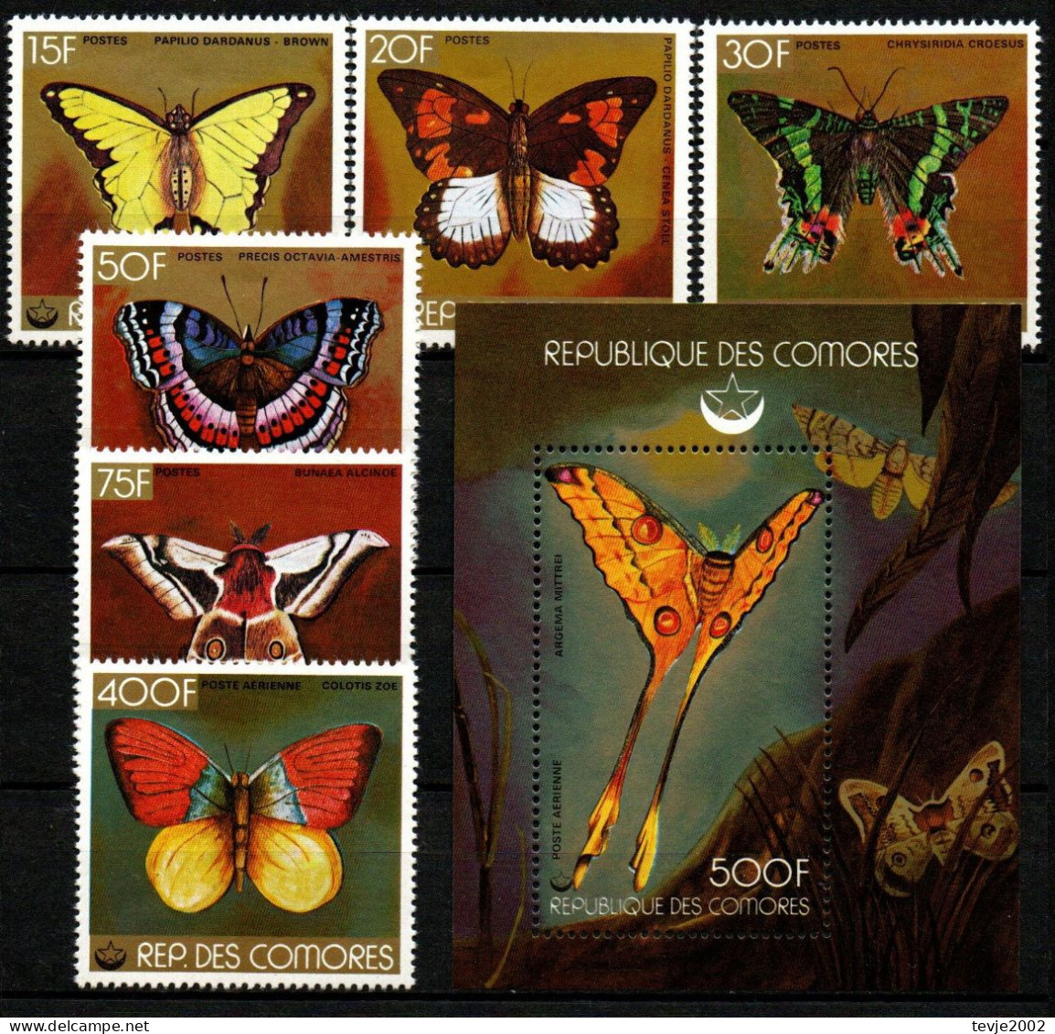 Komoren Comores 1978 - Mi.Nr. 416 - 421 A + Block 148 A - Postfrisch MNH - Tiere Animals Schmetterlinge Butterflies - Papillons