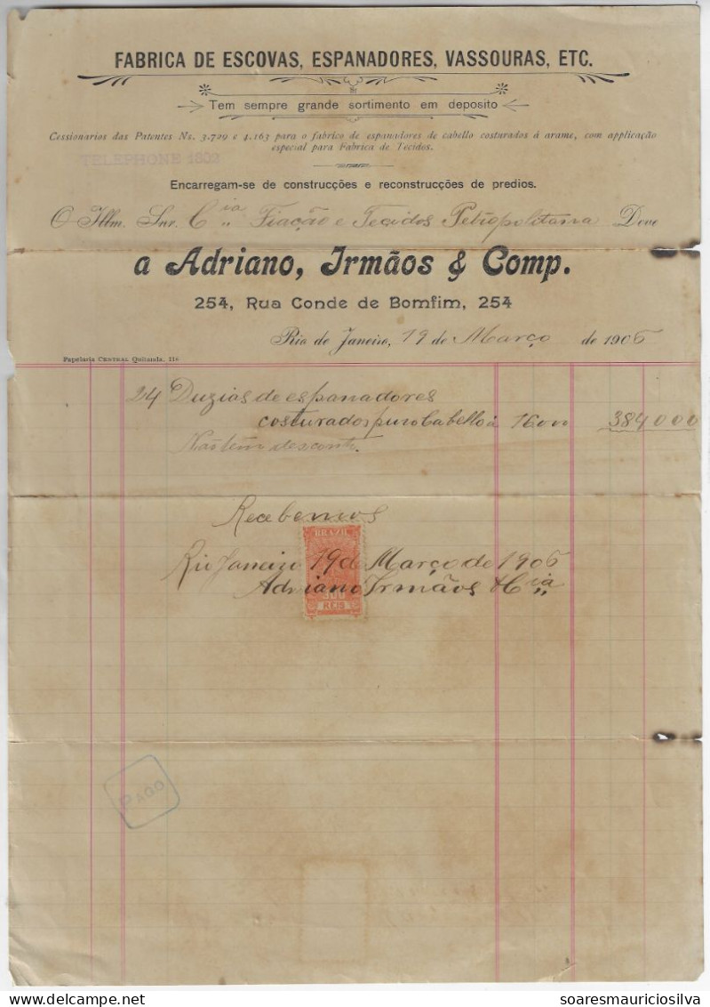 Brazil 1906 Invoice Factory Brushes Dustpans Broomsby Adriano Brothers &Co Rio De Janeiro Federal Treasury Tax Stamp 300 - Brieven En Documenten