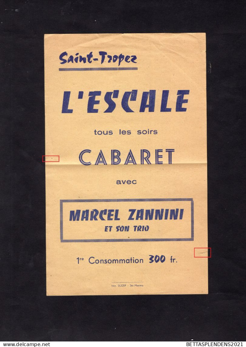 SAINT TROPEZ - Publicité - L'ESCALE Tous Les Soirs CABARET Avec Marcel ZANNINI Et Son Trio - Advertising