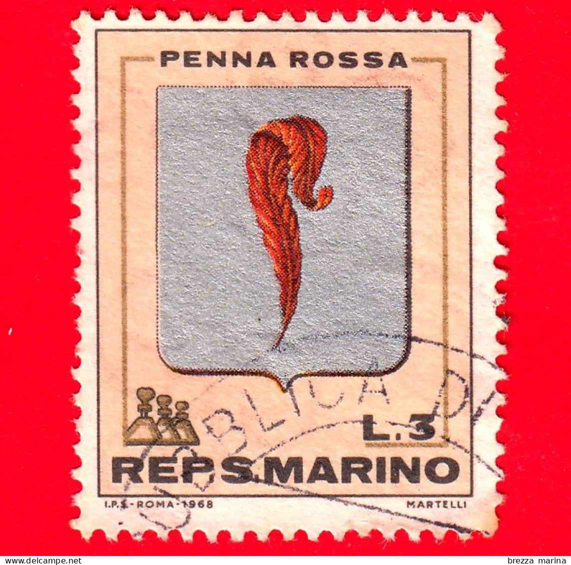 SAN MARINO - Usato - 1968 - Stemmi - Pennarossa - 3 L. - Usados