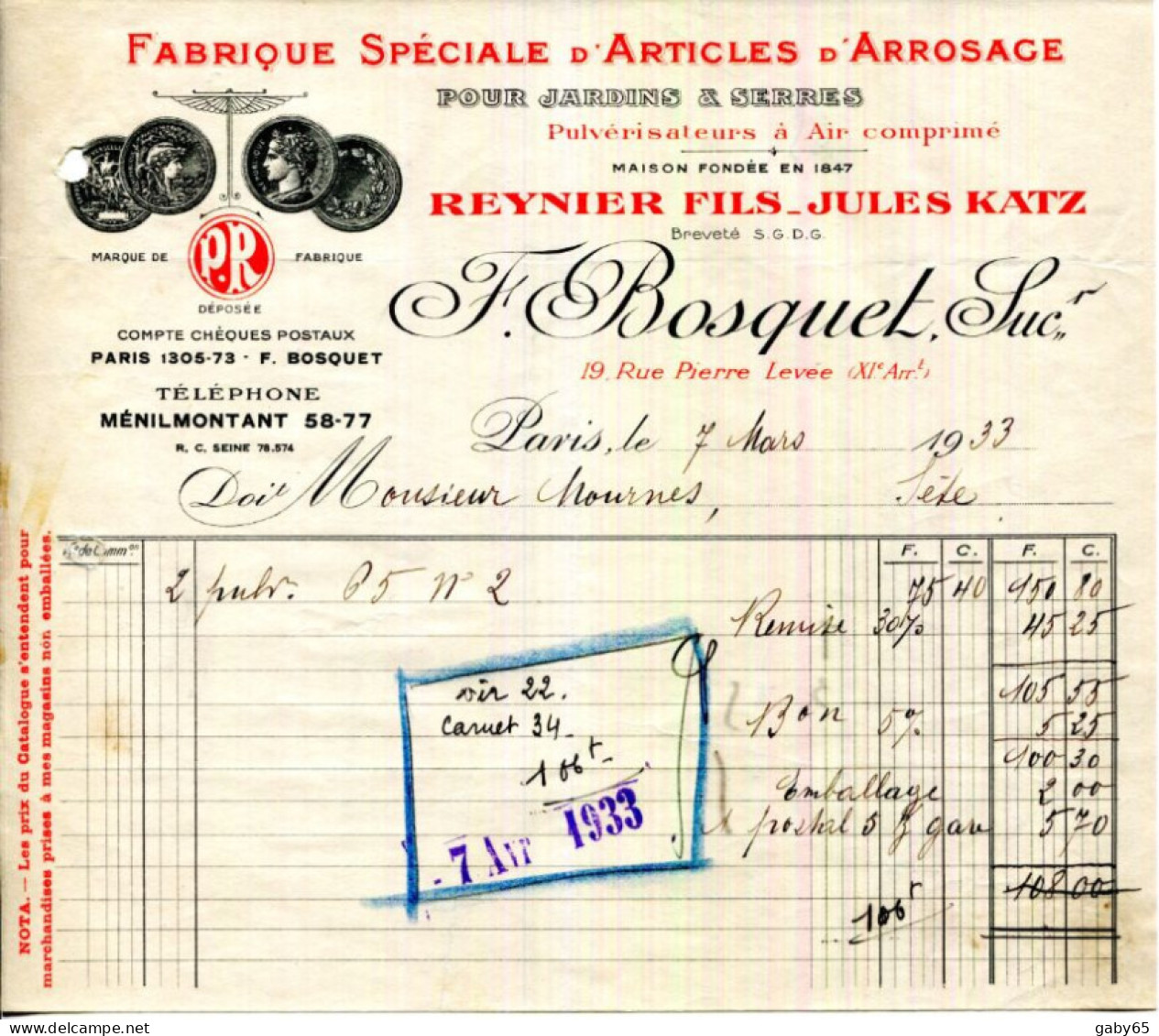 FACTURE.PARIS.FABRIQUE SPÉCIALE D'ARTICLES D'ARROSAGE POUR JARDINS & SERRES.F.BOSQUET 19 RUE PIERRE LEVÉE. - Sonstige & Ohne Zuordnung