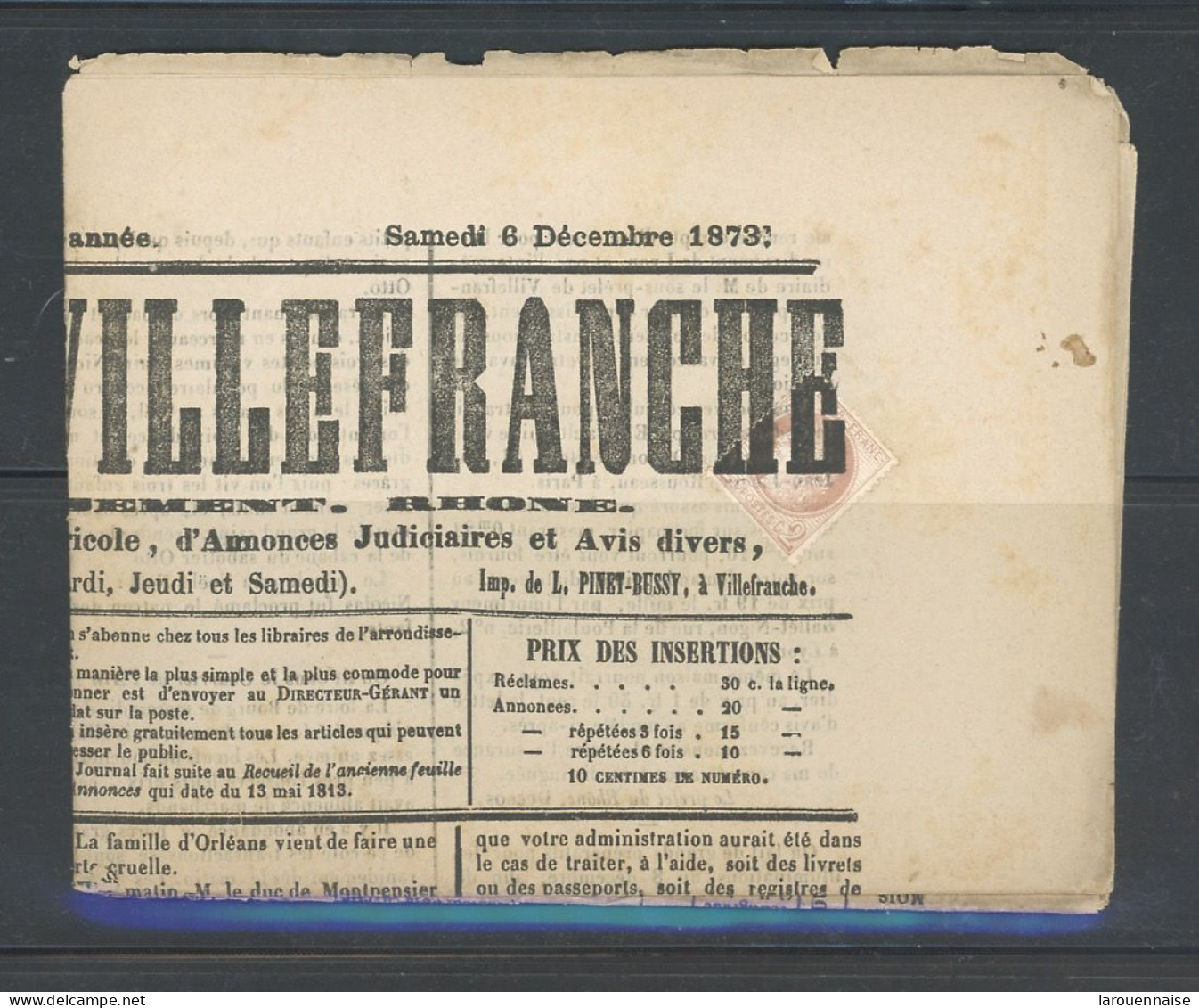 JOURNAUX - N°51 OBLITÉRATION TYPOGRAPHIQUE /JOURNAL Complet  DE VILLEFRANCHE  (SUR SAONE) 1873 - - Periódicos