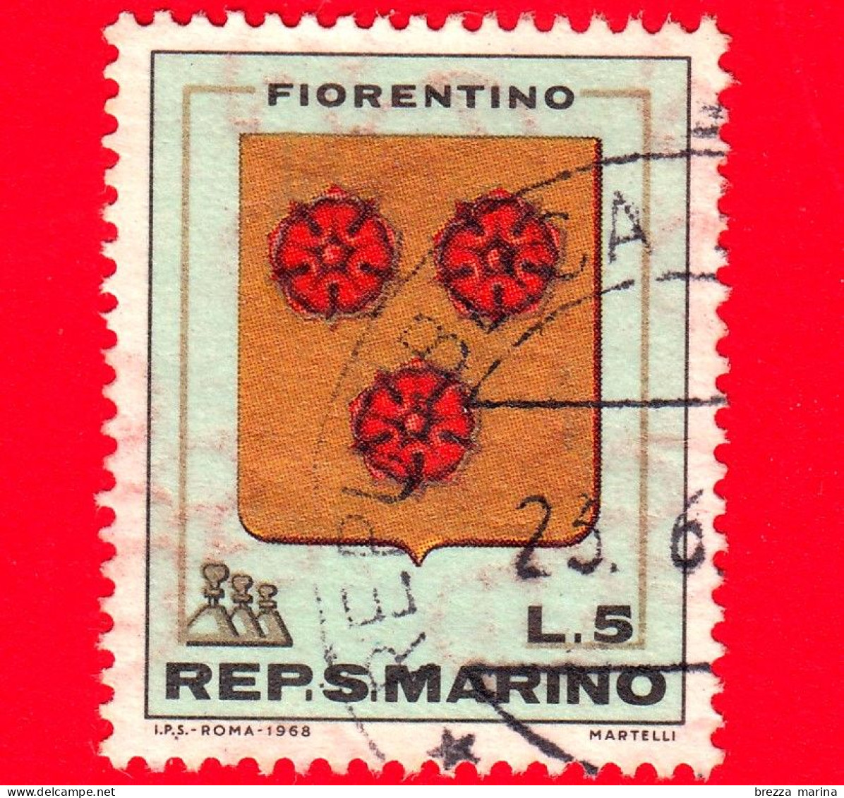 SAN MARINO - Usato  - 1968 - Stemmi - Fiorentino - 5 L. - Usati